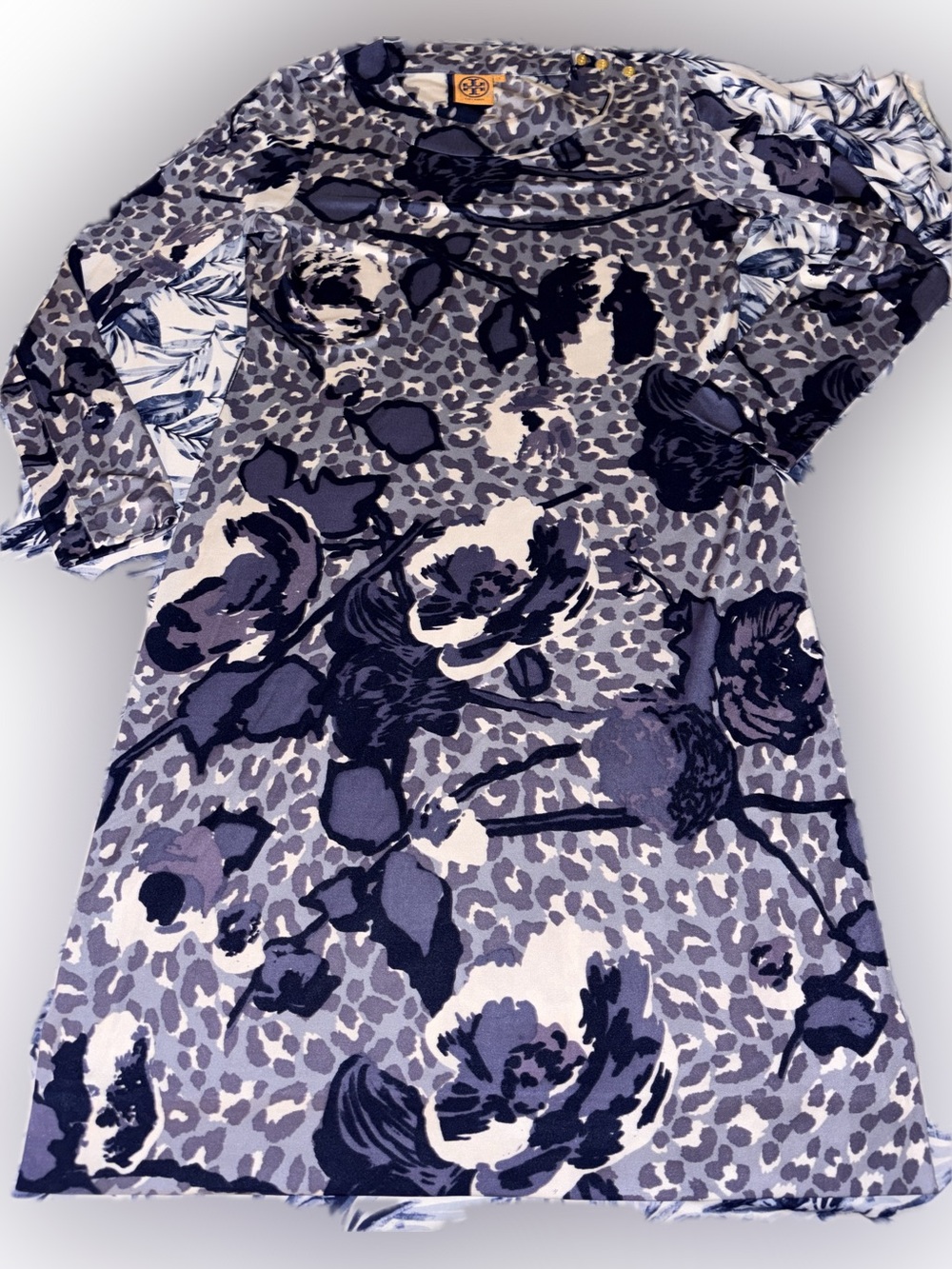 Tory Burch Gray and Navy Floral-Print Tunic Dress